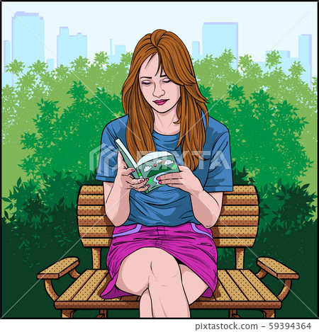 A beautiful woman sitting reading a book in the garden Illustration vector On pop art comic style Colorful city background 59394364