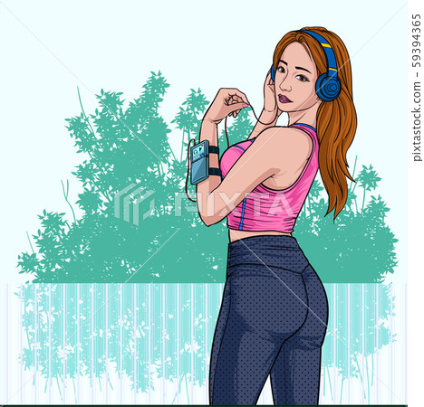 Beautiful women listen to music from headphones Happy from the music While exercising Illustration vector On pop art comics style Abstract dot colorful background 59394365