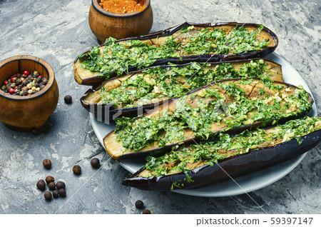 Halved baked eggplant Halved baked eggplant 59397147