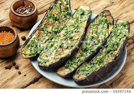 Halved baked eggplant Halved baked eggplant 59397148