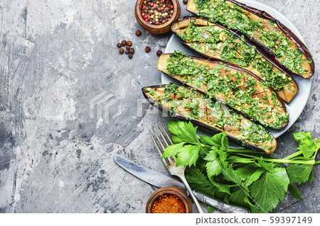Halved baked eggplant Halved baked eggplant 59397149