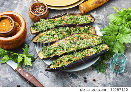 Halved baked eggplant Halved baked eggplant 59397150