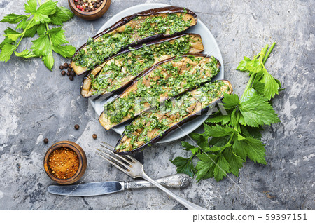 Halved baked eggplant Halved baked eggplant 59397151