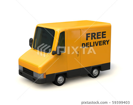 Yellow delivery vehicle The letters "FREE DELIVERY" on the body. 3D illustration Yellow delivery vehicle The letters "FREE DELIVERY" on the body. 3D illustration 59399403