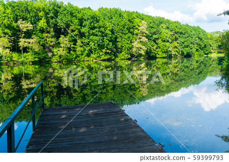 Forest lake with blue water, forest at background and pond Forest lake with blue water, forest at background and pond 59399793