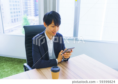 Office smartphone male model break coffee break businessman lifestyle operation Japanese Office smartphone male model break coffee break businessman lifestyle operation Japanese 59399824