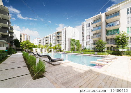 Modern residential buildings with outdoor facilities, Facade of new low-energy houses . Modern residential buildings with outdoor facilities, Facade of new low-energy houses . 59400413