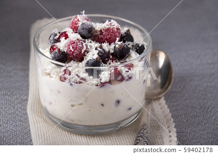 Dessert with cottage cheese, yogurt, oatmeal, Dessert with cottage cheese, yogurt, oatmeal, 59402178