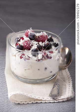 Dessert with cottage cheese, yogurt, oatmeal, Dessert with cottage cheese, yogurt, oatmeal, 59402179
