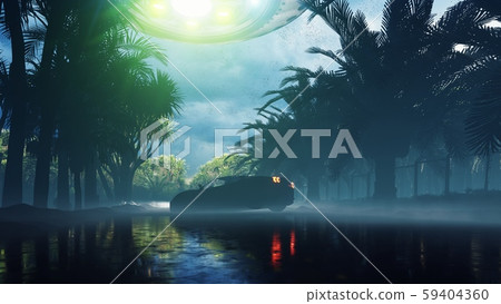 An alien UFO flies over the highway and captures a passing car, for sci-fi, futuristic, fantasy or 59404360