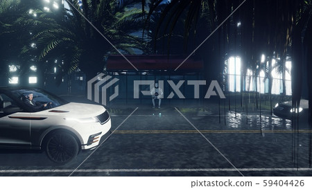 A futuristic humanoid robot sits alone at a bus stop. The concept of the future. 3D Rendering 59404426