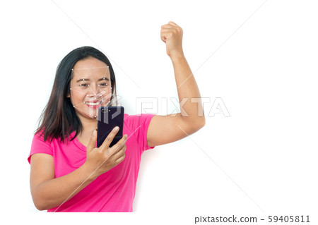 Asian woman in t-shirt with smartphone over white Asian woman in t-shirt with smartphone over white 59405811
