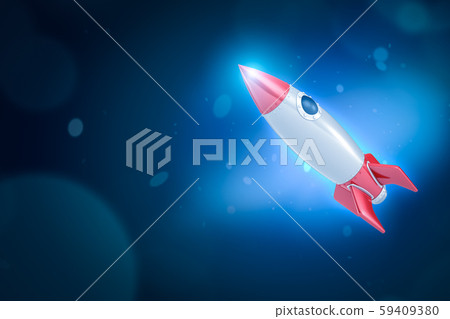 3d rendering of silver red space rocket on dark neon blue background 59409380