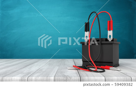 3d rendering of black car battery standing on wooden surface on blue wall background. 3d rendering of black car battery standing on wooden surface on blue wall background. 59409382
