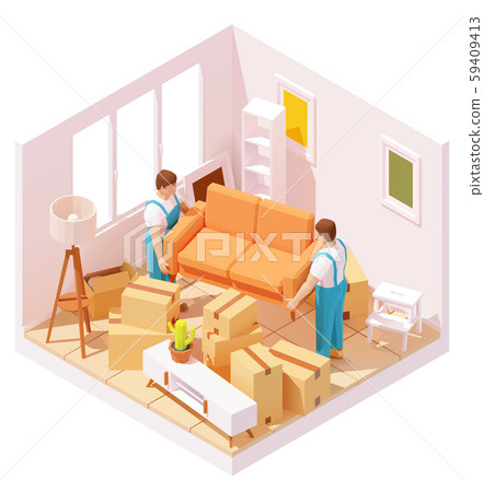 Vector isometric movers carrying sofa in room 59409413