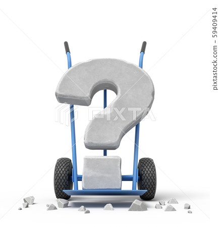 3d rendering of large stone question mark on blue hand truck with big stone crumbs. 59409414