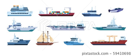 Flat boats. Ocean sailboats ships yacht and catamarans, isolated marine transport. Vector sailing Flat boats. Ocean sailboats ships yacht and catamarans, isolated marine transport. Vector sailing 59410698