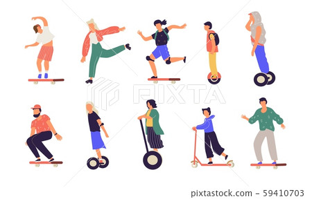 People riding. Cartoon characters on electric skate unicycle longboard monopod scooter and 59410703
