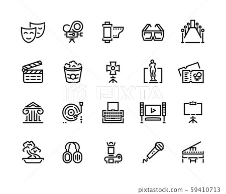 Entertainment line icons. Cinema and theater sound and music arts, photo and video shooting. Vector 59410713