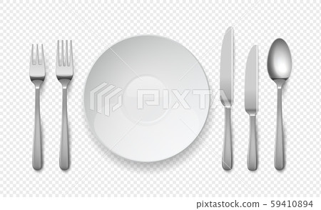 Realistic food plate with spoon, knife and fork. White empty dishes for cafe and restaurants 59410894