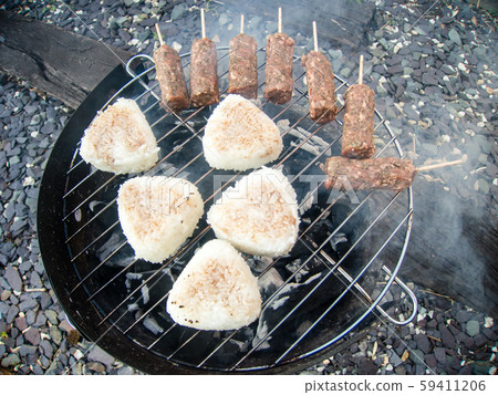 Barbecue grilled onigiri and skewered shish kebab Barbecue grilled onigiri and skewered shish kebab 59411206