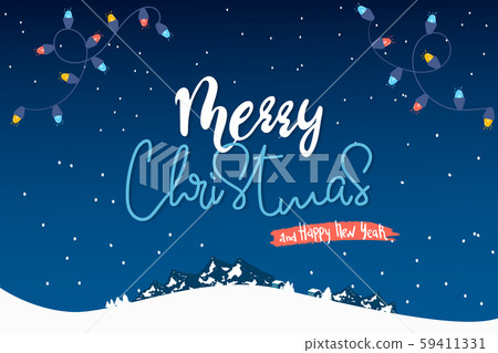 Merry Christmas, New Year Typographical on Xmas background with winter night landscape, snowflakes 59411331