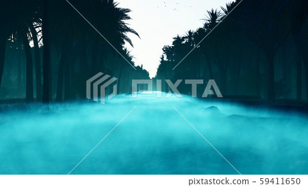 Dark scary mystical foggy forest. Fairy forest with tall firs in heavy fog. 3D Rendering Dark scary mystical foggy forest. Fairy forest with tall firs in heavy fog. 3D Rendering 59411650