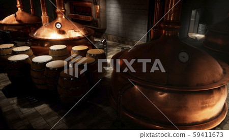 The premises of the brewery with boilers, in which the cooked wort. Old brewery. 3D Rendering 59411673