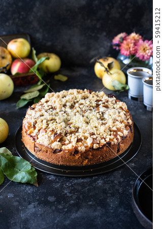 Homemade apple pie with shortcrust pastry on top, with shtrezel, shtreisel 59415212