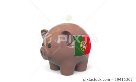 Putting money into piggy bank with flag of Portugal. Tax system system or savings related conceptual 59415302