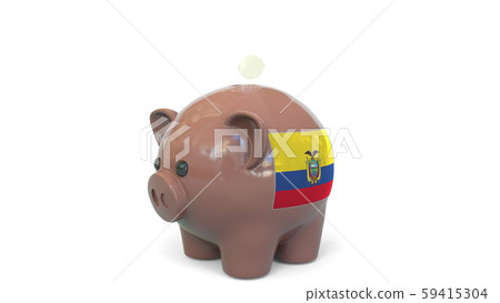 Putting money into piggy bank with flag of Ecuador. Tax system system or savings related conceptual Putting money into piggy bank with flag of Ecuador. Tax system system or savings related conceptual 59415304
