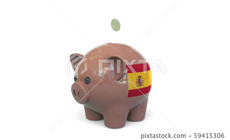 Putting money into piggy bank with flag of Spain. Tax system system or savings related conceptual 3D 59415306