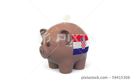Putting money into piggy bank with flag of Croatia. Tax system system or savings related conceptual 59415308