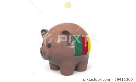 Putting money into piggy bank with flag of Cameroon. Tax system system or savings related conceptual 59415360