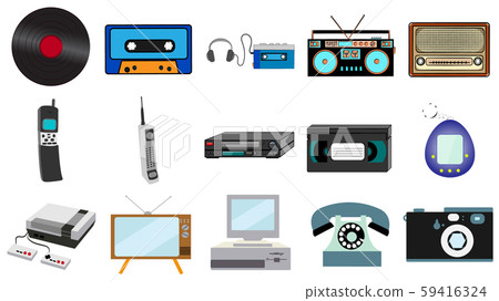 Set of old retro vintage hipster technology, electronics music vinyl, audio and video cassette tape 59416324