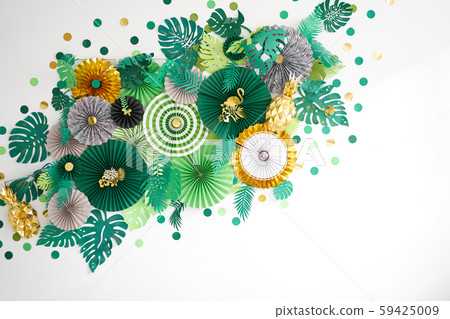 Green, emerald, gold and yellow papers circle shape of origami. Abstract background of paper designs Green, emerald, gold and yellow papers circle shape of origami. Abstract background of paper designs 59425009