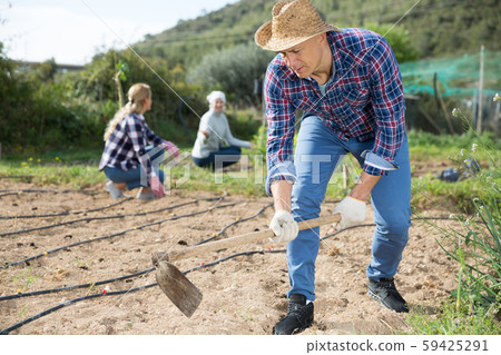 Male farmer hoeing soil 59425291