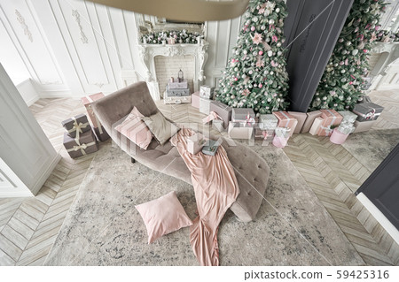 Christmas morning. Classic luxurious apartments with decorated christmas tree and presents. Living Christmas morning. Classic luxurious apartments with decorated christmas tree and presents. Living 59425316