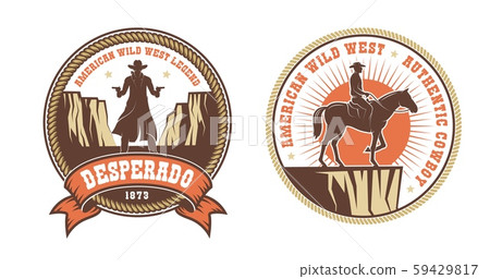 Western American logo with cowboy bandit and horse rider Western American logo with cowboy bandit and horse rider 59429817