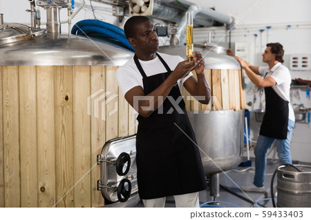 Serious man expert attentively checking quality of beer in flask Serious man expert attentively checking quality of beer in flask 59433403