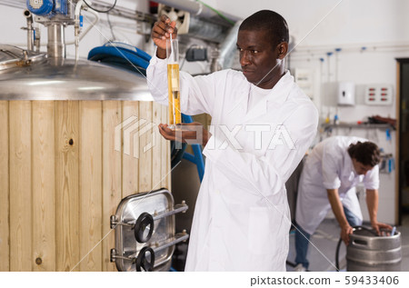 African american man controlling quality of beer in flask in brew-house African american man controlling quality of beer in flask in brew-house 59433406