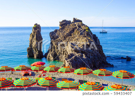 Panorama of Monterosso al Mare Beach, in summer season Panorama of Monterosso al Mare Beach, in summer season 59433407