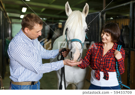 Portrait of man and woman with roan horse Portrait of man and woman with roan horse 59433709