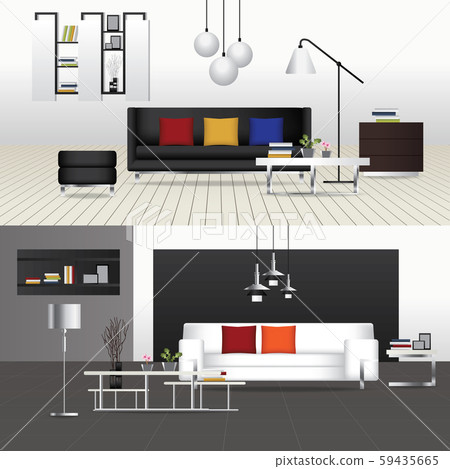 Flat Design Interior Working Room and Interior... - Stock Illustration ...