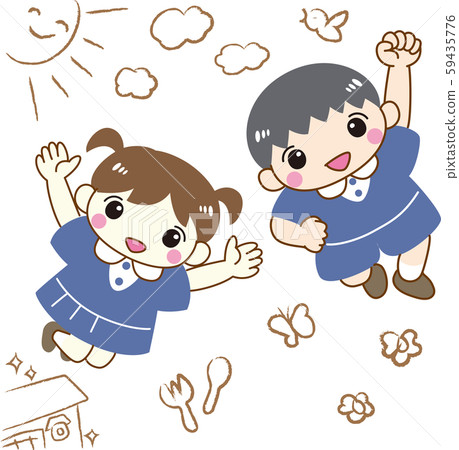 Boys, girls, children, jumps, graffiti background, energetic kindergarten, nursery school uniforms 59435776