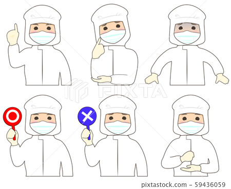 [With mask] Icon set of poses and facial expressions of women in protective clothing and dust-free clothing 59436059