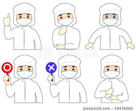[With mask] Icon set of poses and facial expressions for men in protective clothing and dust-free clothing 59436060