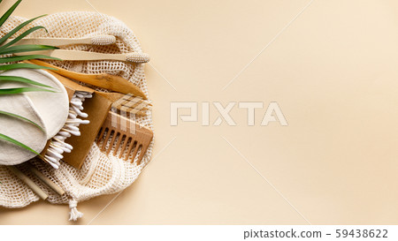 Set of eco friendly toiletries and bathroom products on color background, flat lay 59438622