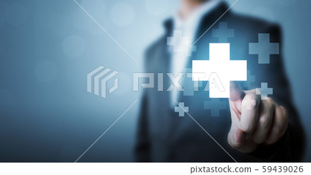 Businessman hand touching plus sign icon means to offer positive thing 59439026