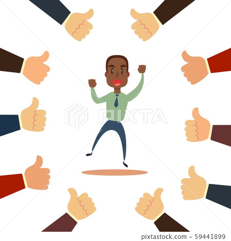 Happy and proud businessman with many thumbs up hands around him. 59441899